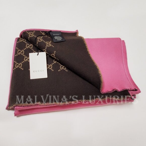 GUCCI SCARF REVERSIBLE PINK GG MONOGRAM LOGO WOOL SILK 71" - Picture 9 of 16